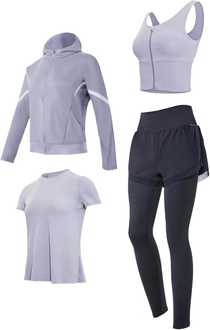 Yoga Outfit, Pilates Exercise Set For Women, Black Breathable Xxl, Four Piece With Jacket, Shorts, Top And Pants, Anti-Pilling Material Fits 110 To 330, For 5 Ft To 5 Ft 11 In