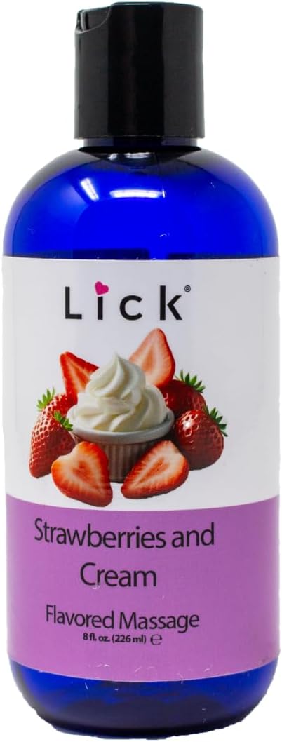 Lick Strawberries and Cream Flavored Massage Oil – 8 oz Edible Body Oil for Couples, Lightweight Formula for Glowing Skin