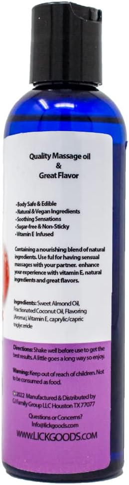 Lick Raspberry Flavored Massage Oil – Bright Berry Edible Massage Oil with Sweet Almond Oil & Vitamin E, Smooth Body-Safe Glide for Couples Massage, 4 oz