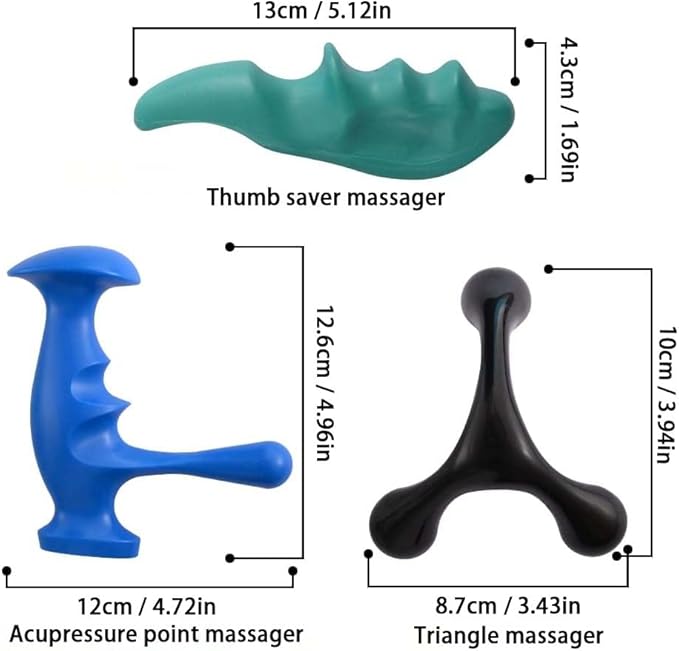 Manual Trigger Point Massage Tool and Thumb Saver for Full Body Deep Tissue Massage, Include 1 Green Thumb Protector Tool, 1 Blue Gun Type Massage Tool, 1 Black Hand Held 3-Legged Massage Knobs