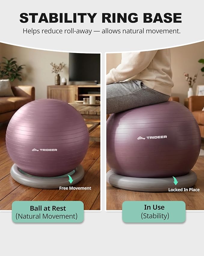 Trideer Exercise Ball for Office Desk, Yoga Ball Chair to Relieve Back Pain, Stability & Fitness Ball Seat with Base, Home Gym Core Workout, Abs, Stretching & Therapy