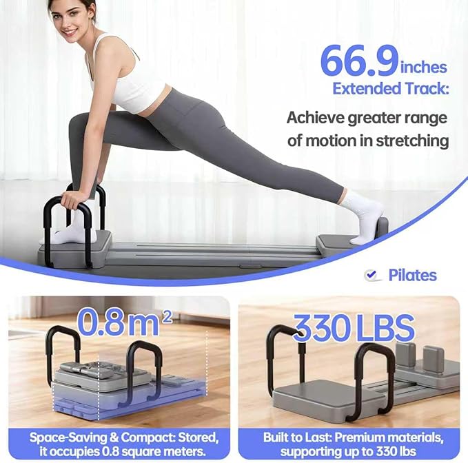 Pilates Reformer Board with 66.9'' Extended Track, Portable Pilates Reformer Machine with 3 Pairs Yoga Sock, Quick Assembly, Pilates Ski Machine for Home Workout