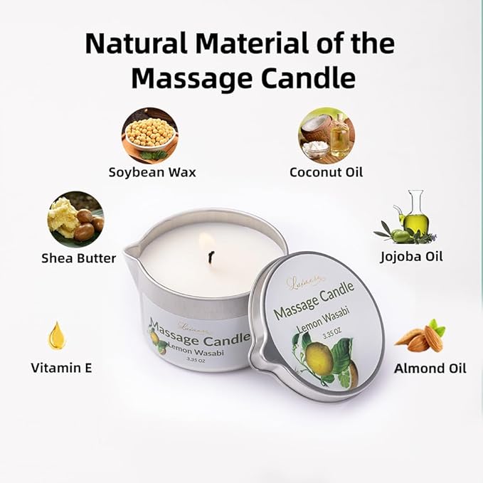 Massage Candle for Home SPA, 4 Pack Scented Soybean Massage Oil Candles Low Temp, Amazing Gift Set 13.4OZ (Scents: Mystic Plum, Amber Vanilla, Lemon Wasabi, Pineapple&Rum)