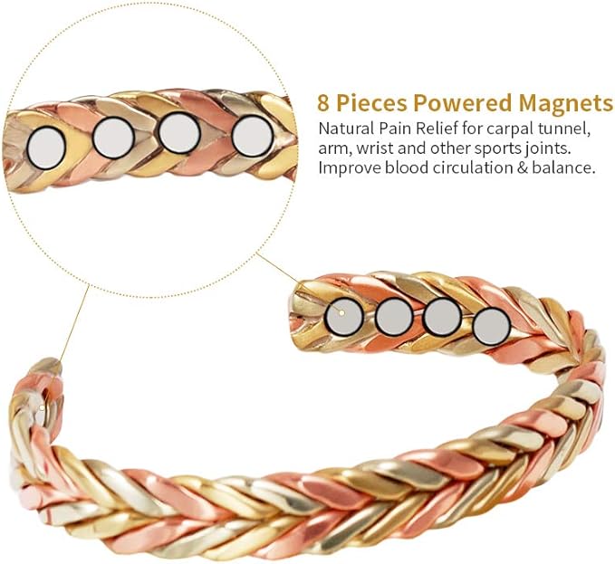 Copper Bracelet for Women, Pure Copper Suit Adjustable Three-Color Gold Braid Magnetic Bracelet Ring, Fashsion Jewelry Presents（0932 2040）