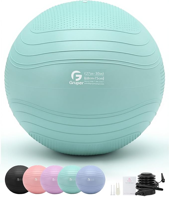 Gruper Yoga Ball, Extra Thick Exercise Ball for Workout Pregnancy Stability - 4 Sizes Anti Burst Balance Ball for Yoga, Pilates, Fitness, Birthing, Physical Therapy - Includes Pump