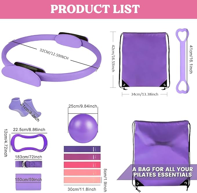 Pilates Ring 13 Piece Set,Pilates Kit for Women Exercise Equipment Accessories Deformation Magic Circle with Padded Handles, Workouts Ball, Guide & Bag, Resistance Bands for Legs Arms and Thighs