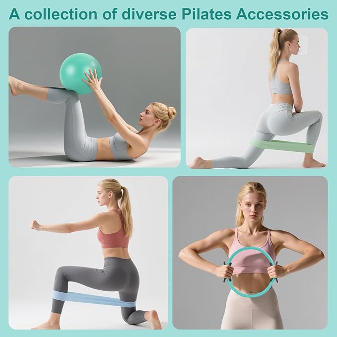 Home Pilates Essentials Kit - Complete Equipment Set with 14-Inch Ring, 9.8-Inch Ball, and 4 Resistance Bands for Beginners to Enhance Muscle, Flexibility & Core Strength at