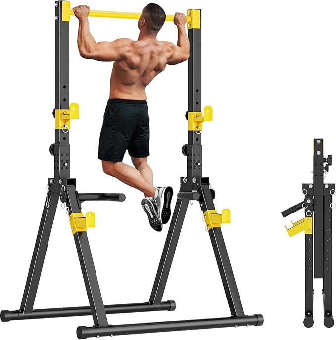 SogesHome Power Tower Dip Station Pull Up Bar for Home Gym, Adjustable & Foldable Multifunction Fitness Workout Station with Triangular Stability Design for Strength Training