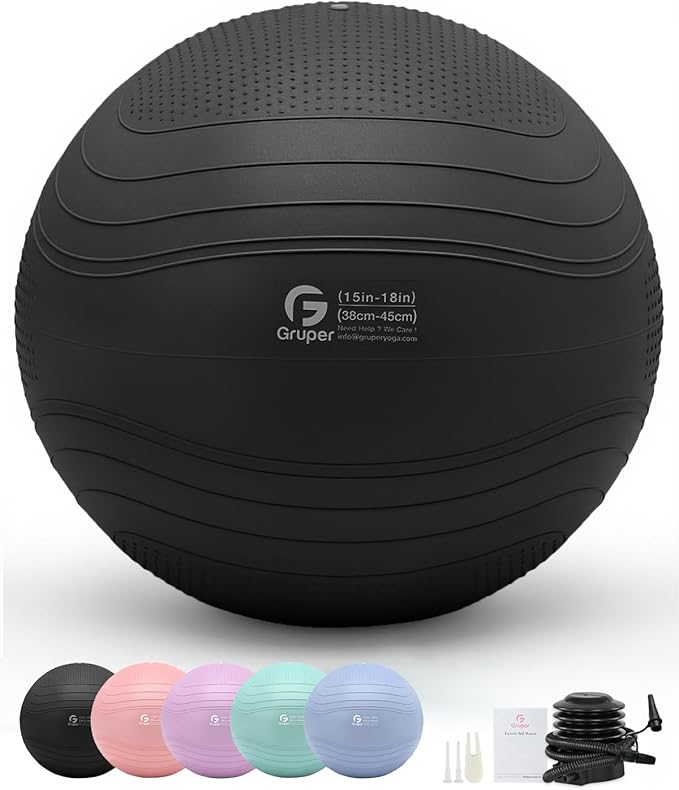 Gruper Yoga Ball, Extra Thick Exercise Ball for Workout Pregnancy Stability - 4 Sizes Anti Burst Balance Ball for Yoga, Pilates, Fitness, Birthing, Physical Therapy - Includes Pump