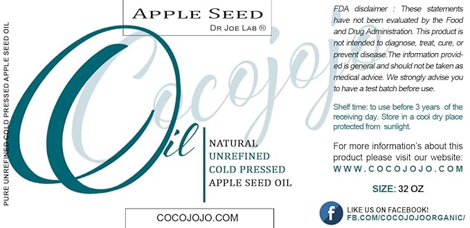 cocojojo Apple Seed Oil - Pure Natural Unrefined 32 oz Extra Virgin Cold Pressed for Face Skin Hands Hair Nails Scars Breakouts Pyrus Malus