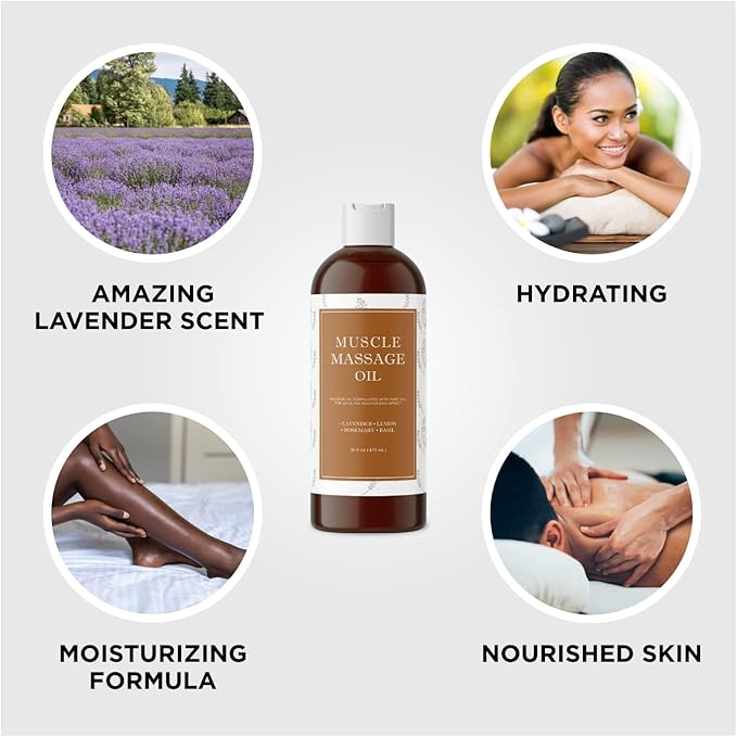 Sore Muscle Massage Oil for Body - Relaxing Therapy With Lavender and Rosemary Oils for Muscle Relief - Gentle Warming for Pro or Home Use (16oz)