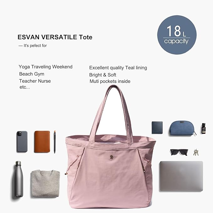 ESVAN Yoga Tote Bag for Women Shoulder Bags Drawstring for Office Workout Travel Carryall Pilates Gym and Beach