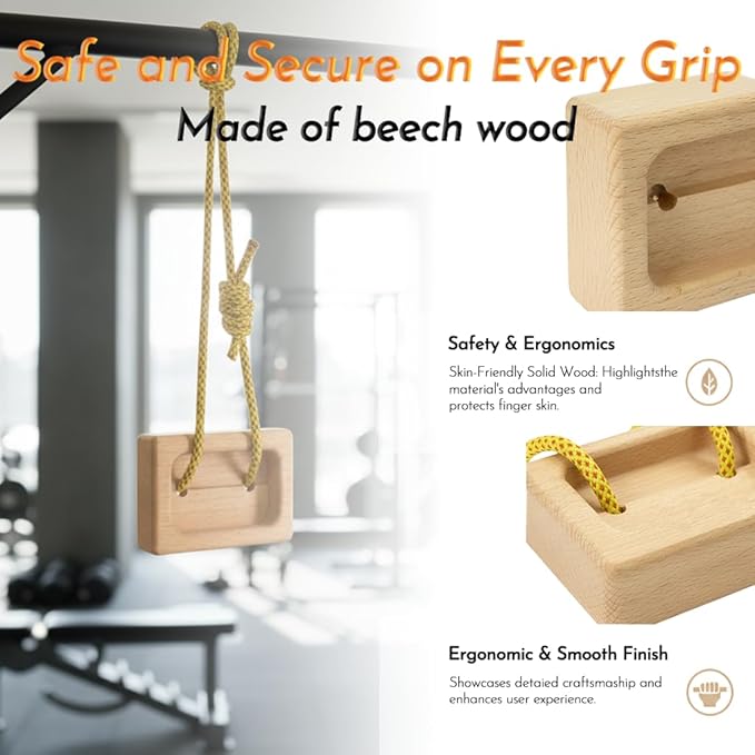 Portable Beech Wood Fingerboard Climbing Hangboard Set – Dual-Pocket Grip Blocks for Finger & Forearm Strength Training – Adjustable Rope and Metal Clips Included