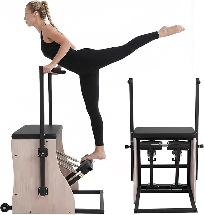 Generic Oak Wood Pilates Chair Reformer Machine Split Pedal Fitness Reformer with Resistance Bands and Springs Split Pedal Handles for Workout Equipment Home Gym or Studio
