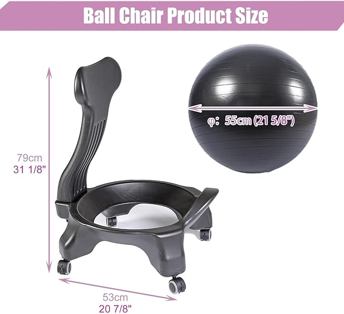 Stability Yoga Ball Chair with Wheels and Backrest, Rolling Exercise Ball Chair with Pump, Yoga Ball Seat Active Sitting for Spine Health(E)
