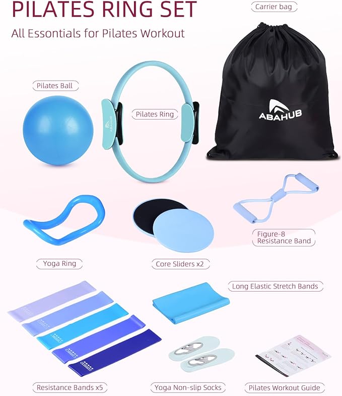 Abahub Pilates Ring Set, Home Workout Pilates Equipment, 14”Magic Circle, Yoga Ball, Resistance Bands, Sliding Disks, Socks, Fascial Ball, Workout Guide & Bag, Blue Set
