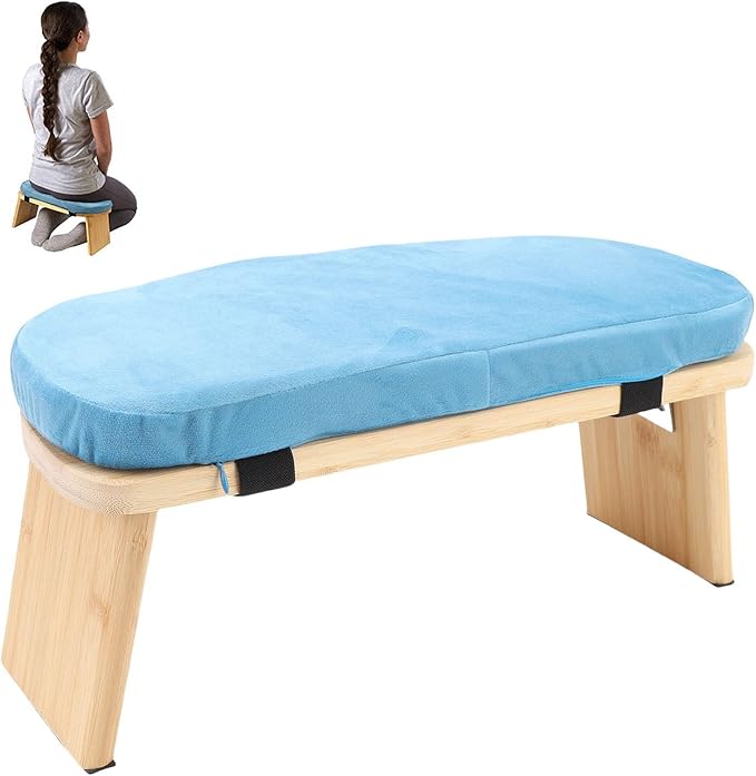 YUYTE Wooden Meditation Bench Ergonomic Meditation Stool, Detachable Kneeling Chair for Yoga with Soft Cushion Carry Bag, Home and Travel (Blue)