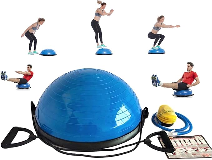 Half Ball Balance Trainer, Half Yoga Balance Board Exercise Ball for Full Body Workout, Stability Ball Platform, Core AB Training Strength Home Workout Fitness Physical Therapy, 2 Resistance Bands