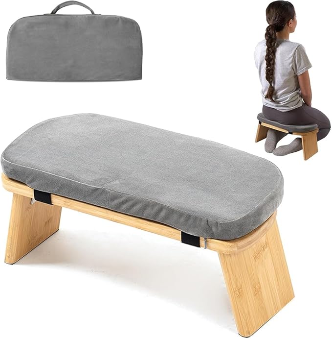 Meditation Bench, Portable Yoga Auxiliary Stool with Cushion, Wooden Kneeling Stool with Handbag, Foldable Comfort Chair, Multifunctional Ergonomic Seat, for Yoga, Prayer