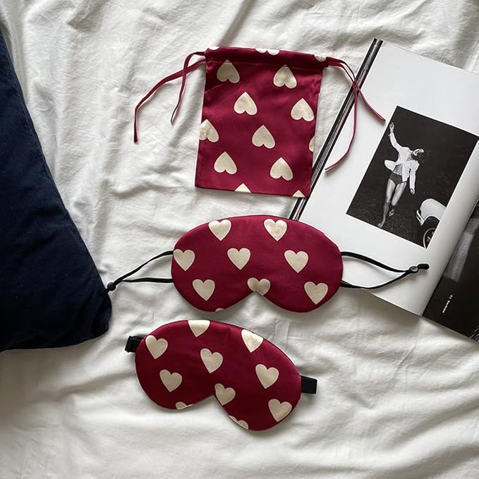 Red Heart Silk Sleep Eye Mask Storage Bag Set Women Adjustable Soft Mulberry Silk Blackout Eye Cover for Yoga Travel Nap Hanging Ear