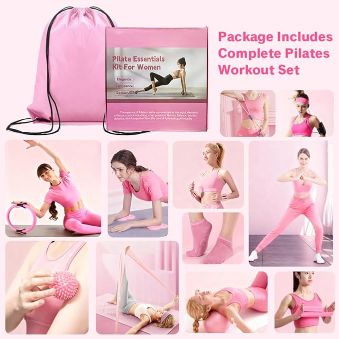 Pilates Equipment Set for Home Workouts –15in1 Home Pilates Kit with Ring and Ball Set, Resistance Bands, Pilates Yoga Accessories, Core Sliders & Ankle Weights, Pilates Essentials Kit