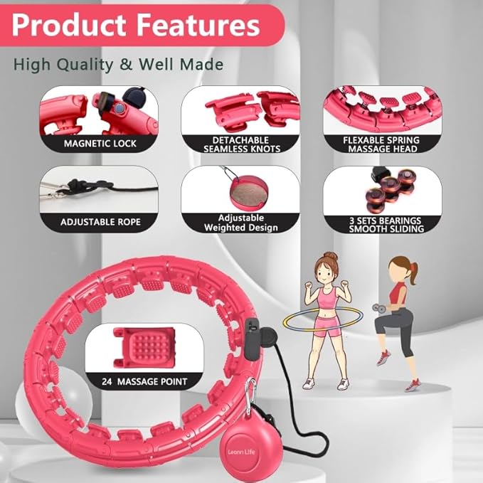 U1 Weighted Hula Hoop 30 Knots 19"-61" for Adults with Waist Trimmer Belt & Durable Wash Bag Bundle– Fitness Hoop for Exercise, Workout, Slimming & Home Gym, Pink