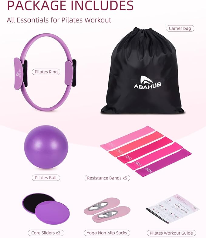 Abahub Pilates Ring Set, Home Workout Pilates Equipment, 14”Magic Circle, Yoga Ball, Resistance Bands, Sliding Disks, Socks, Fascial Ball, Workout Guide & Bag, Blue Set