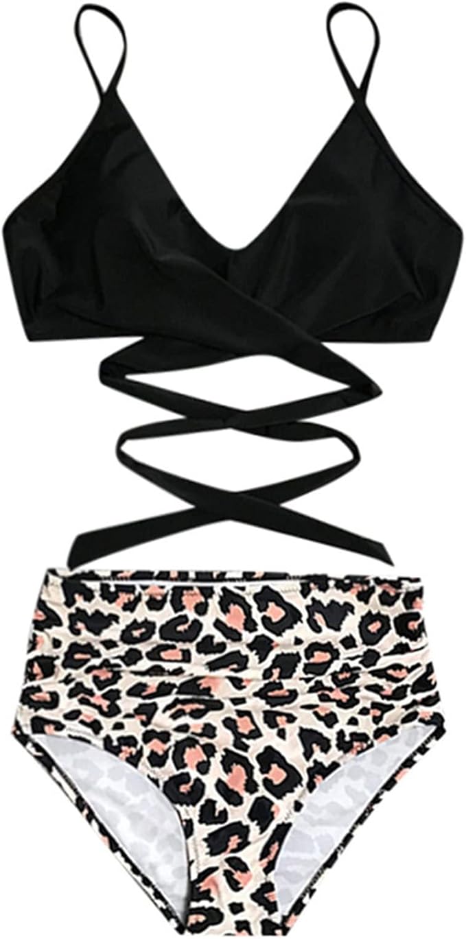 Womens Front Cross Ruched Bikini Set Twist Wrap Swimwear High Waisted Bottoms Print Straps Push Up Swimsuits