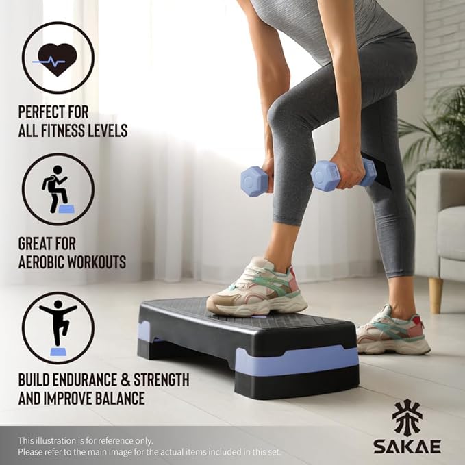 SAKAE Step Aerobics Platform Set with Dumbbells & Measuring Tape, Aerobic Steppers for Exercise at Home, Adjustable Height 2 Level Risers Workout Step Trainer with Non-Slip Surface, Multiple Colors