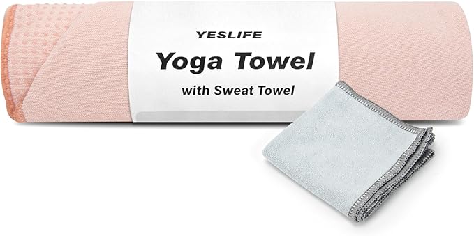 YESLIFE Non-Slip Extra Thick Hot Yoga Towel with One Sweat Towel, Microfiber Sweat Absorbent Yoga Mat Towel with Grip Dot, Pilates Mat, 72" x 24", Pink