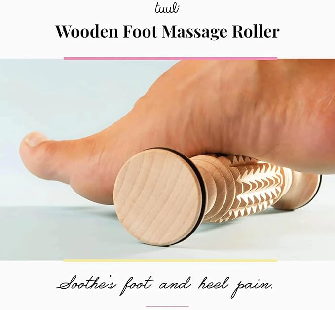 tuuli Accessories - Wooden Foot Massager, Grooved Muscle Roller, Helps Ease Muscle Tension, Supports Blood Circulation, Natural Wood Therapy Massage Tools, 8 x 2 inches