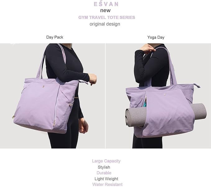 ESVAN Yoga Tote Bag for Women Shoulder Bags Drawstring for Office Workout Travel Carryall Pilates Gym and Beach