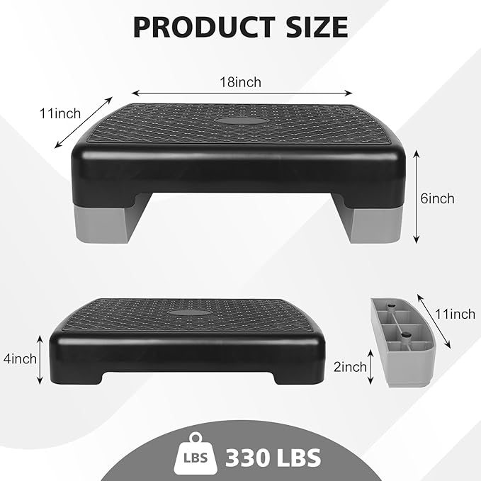 18'' Adjustable Aerobic Step Platform, Adjustable Fitness 4-6in Exercise Stepper Workout with 2 Risers, Aerobics Stepper Workout Stepper for Home Gym Cardio Strength & Training