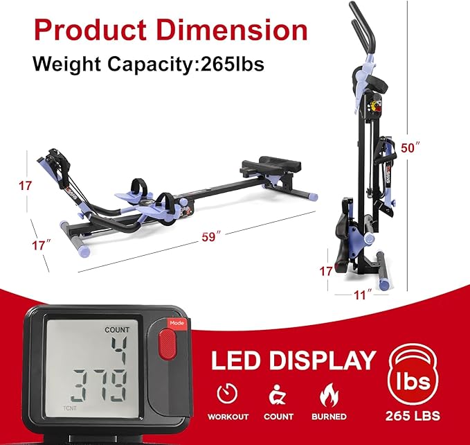 Tousains 3 in 1 Foldable Rowing Machine, AB Machine with 3 Level Angle & Led Monitor, Multi-Functional Rower Fitness Equipment Home Gym Full Body Fitness Machine