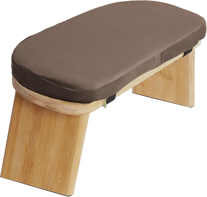 Meditation Bench, Portable Bamboo Meditation Bench Ergonomic Meditation Stool Comfortable Folding Kneeling Meditation Bench with Meditation Cushion for Longer Meditation (Coffee)