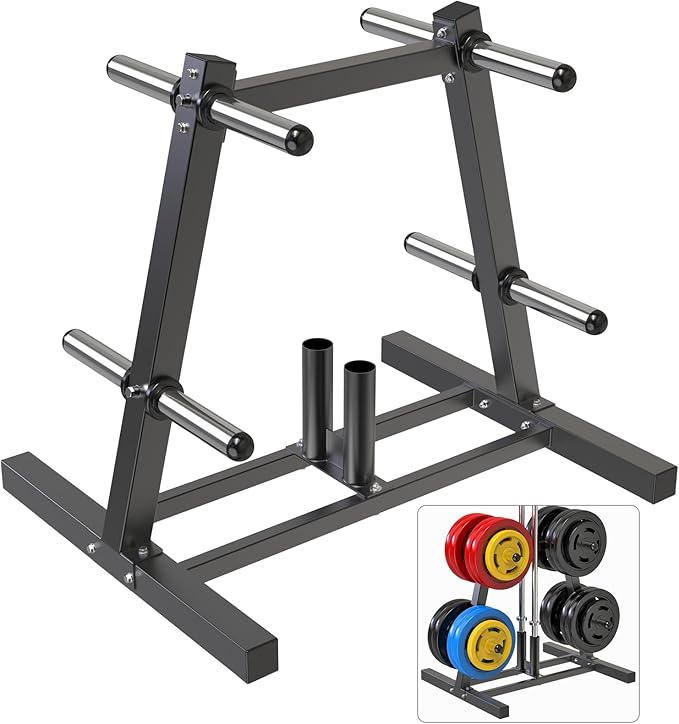 Kipika Weight Plate Tree Rack, Weight Holder for 2 inch Olympic Weight Plate & 2 Barbell Holders, Heavy Duty Bumper Plate Storage Organizer for Home Gym with Optional Wheels