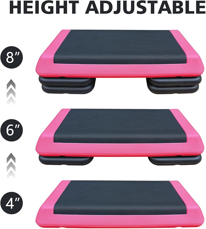 Adjustable Workout Aerobic Stepper in Fitness & Exercise Step Platform Trainer Pink Black with 4 Risers