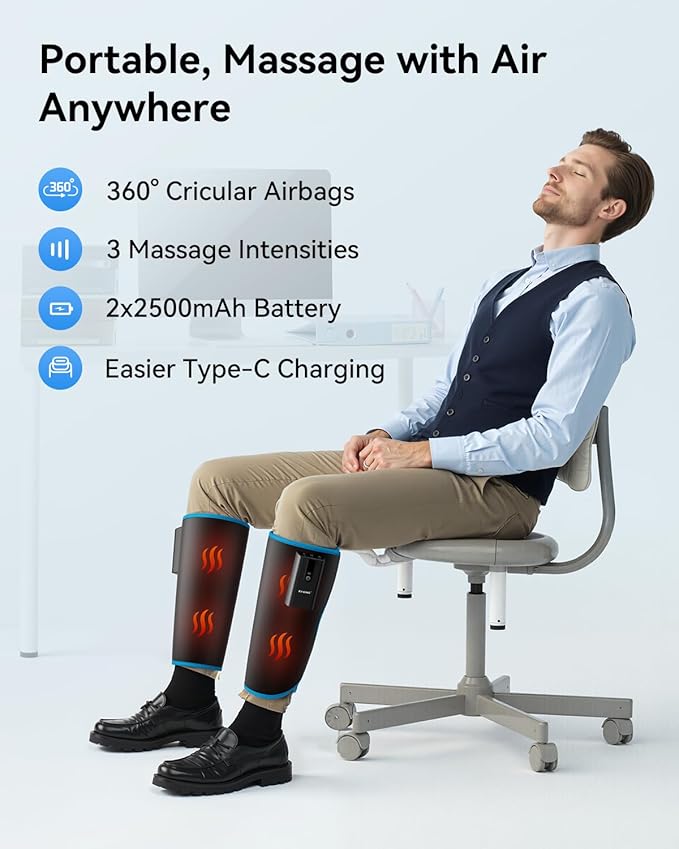 FIT KING Cordless Calf Massager with Heat & Compression – Rechargeable Leg Massager for Circulation, Edema, RLS & Pain Relief, 3 Heat Levels, 3 Modes & Intensities, Portable, Mom, Dad, Athlete Gift