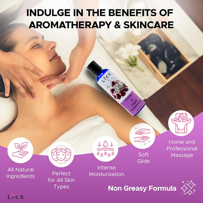Lick Cherries and Cream Indulgence Flavored Massage Oil – Romantic, Sweet, Non-Sticky, Couples, 4 oz