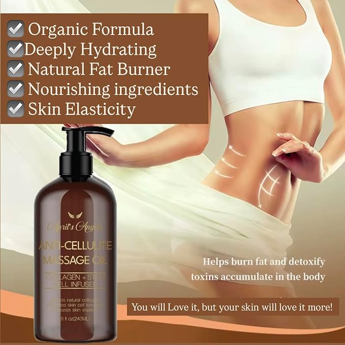 April's Angels Anti-Cellulite Massage Oil with Collagen & Stem Cell Infused. Skin Elasticity, Firmness, Deep Hydration. 8 fl oz
