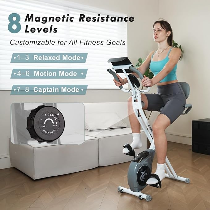 TOUSAINS Folding Exercise Bike - 8-Level Magnetic Stationary Bike with Pulse Rate, Large Tablet Holder & X-Bike Design, Compact Indoor Workout Bike for Home Gym, Seniors & Knee Recovery, 265lbs Weight Capacity