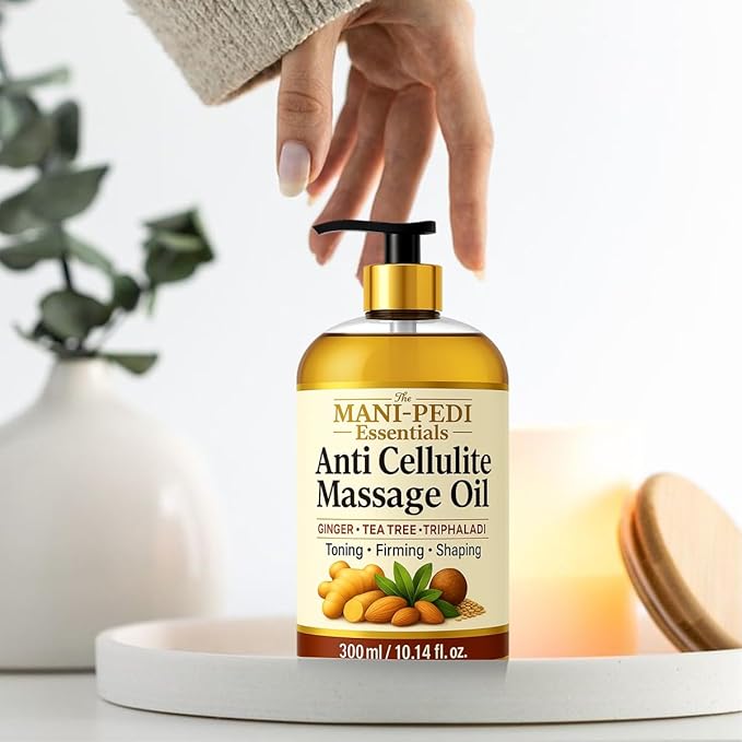 Anti Cellulite Massage Oil with Ginger Oil for Lymphatic Drainage Massage. Enriched with Tea-Tree Oil & Natural Herbs for Toning, Firming & Shaping. Natural & Organic - 10 Fl Oz