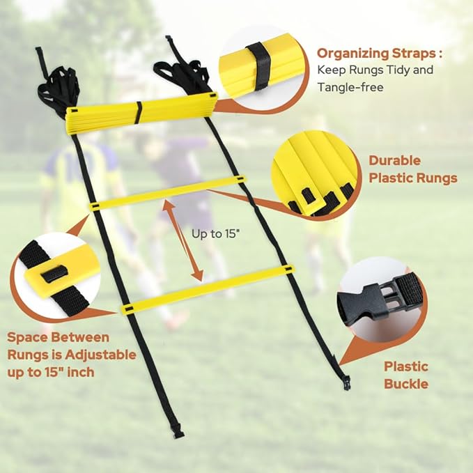 GHB Agility Ladder 1 Pack and Hex Agility Rings 1 Pack 12 Rung 20ft with 3 Carrying Bag
