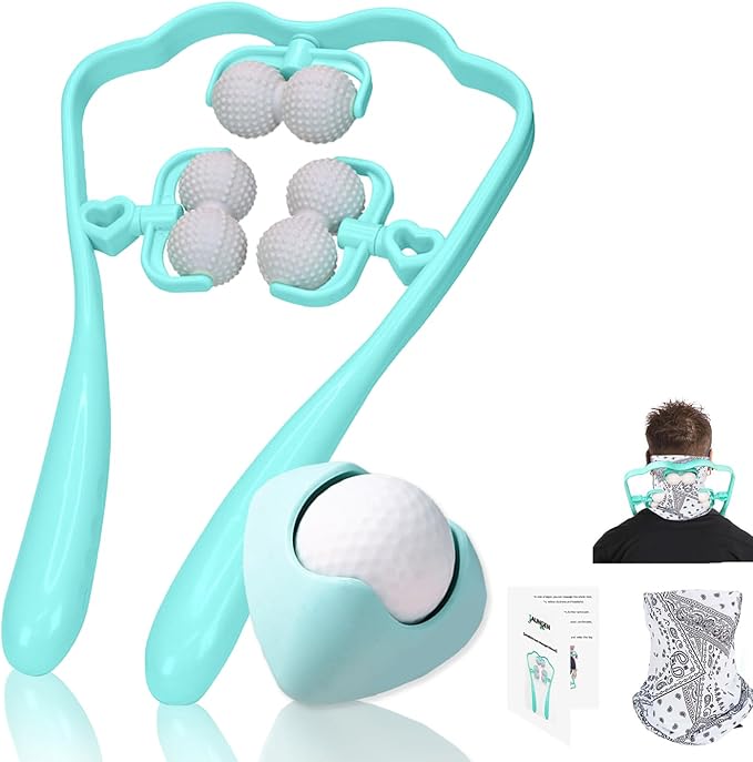 2-in-1 Manual Neck Massager Roller Set with 360° Massage Ball - Ergonomic 6-Wheel Handheld Neck & Shoulder Roller for Muscle Knots, Stiffness & Tech Neck Relief - Portable Home & Office Kit