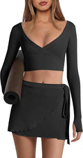 Nirovien Womens 2 Piece Workout Sets Sexy Pilates Outfits Athletic Gym Yoga Sets Ballet Wrap Top and Skirt