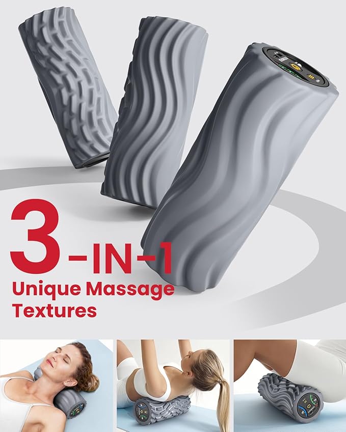 FITINDEX Vibrating Foam Roller for Back Pain, FSA&HSA Eligible, 5-Speed Muscle Massage, Exercise, Muscles Deep Tissue, Physical Therapy, Pilates, Yoga, Neck, Leg, Rechargeable, Travel Portable, Gray
