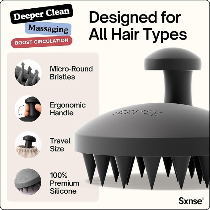 SXNSE - Revive Silicone Scalp Massager, Jet - Manual Hair & Scalp Scrubber for Dandruff, Buildup, Itch, & Hair Growth - Soft Exfoliating Silicone Bristles for Wet & Dry Hair, Flake-Free Finish