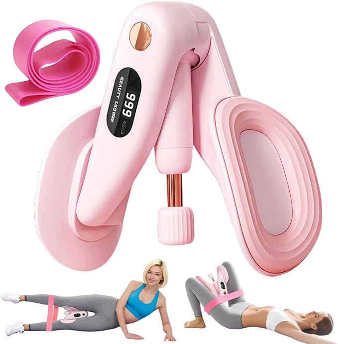 Inner Thigh Exerciser with 30 LB Resistance Bands, 10-78 LB Thigh Exerciser for Home Gym, 360° Rotating Thigh & Glute Workout Equipment, Portable Arm and Hip Trainer, Light Pink