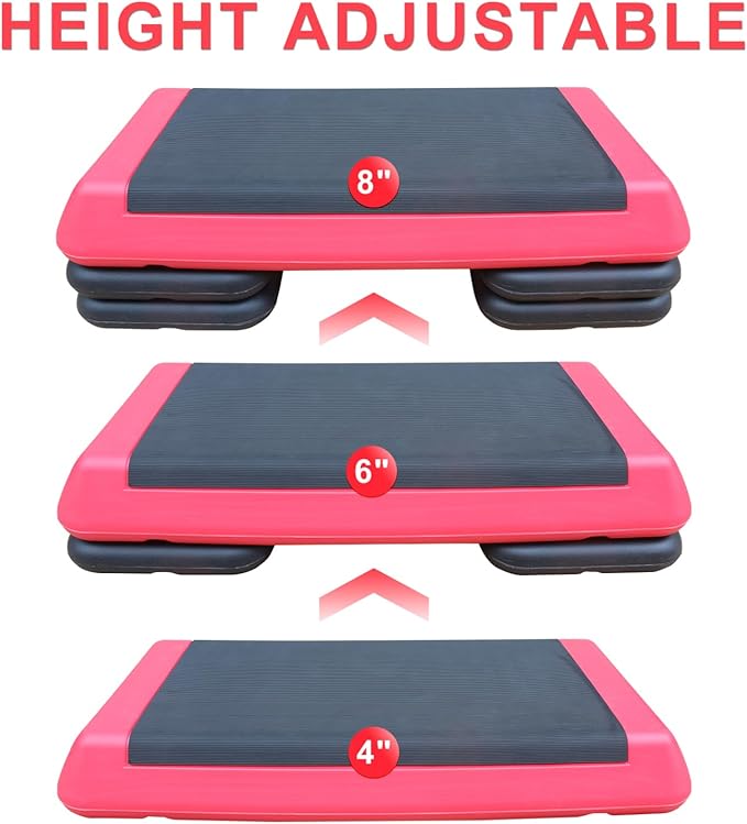 Adjustable Workout Aerobic Stepper in Fitness & Exercise Step Platform Trainer Red Black with 2 Risers