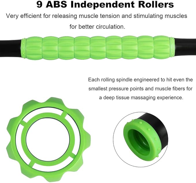 YANSYI 9-Roller Massage Stick - Deep Tissue Muscle Roller for Athletes, Relieves Post-Workout Soreness & Leg Back Pain, Portable Physical Therapy Tool (Green)